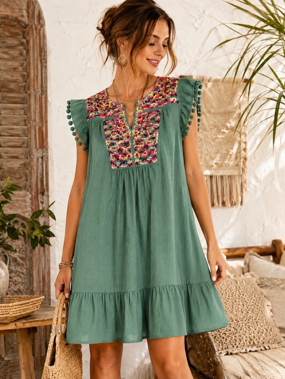 Embroidered Green Asymmetrical Boho Dress